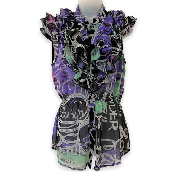 Desigual Tops - DESIGUAL Sleeveless Ruffle Top Button Front Graffiti Print Semi Sheer Large